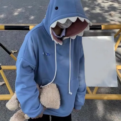 Autumn winter shark patchwork hoodie streetwear oversized pullover - Thumbnail 2