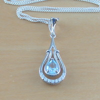 BOXED GIFT/Sterling Silver Blue Topaz & Cz Pendant & Chain/Blue Topaz Necklace/Topaz Jewellery/Topaz Jewelry/November Birthstone/UK - Thumbnail 1