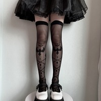 Goth Crisscross Print Knee High Socks Stockings With Bow Knots Detail - Thumbnail 4