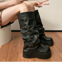 Fashion Platform Thick Heel Gothic Leather Boots - Thumbnail 2