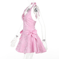 Sexy sleeveless halter neck jacquard V-neck jacquard bow celebrity style dress - Thumbnail 4