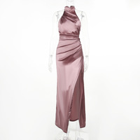 Stand collar long dress halter neck sleeveless slit dress - Thumbnail 6