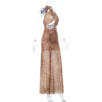 Leopard print hollow halter neck slit dress - Thumbnail 4