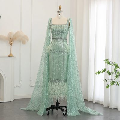 Mermaid evening dress with cape luxury feather 