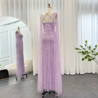  Luxury Dubai Aqua Lilac Mermaid Evening Dress with Cape Sleeve - Thumbnail 6