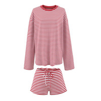 Sports striped suit round neck long sleeve loose mid-length long sleeve T-shirt + high waist shorts - Thumbnail 2