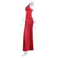 Satin V-neck waist slit dress with open back - Thumbnail 5