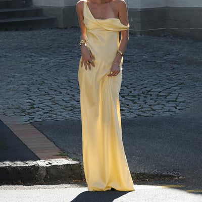 Solid color suspender skirt satin holiday style long skirt