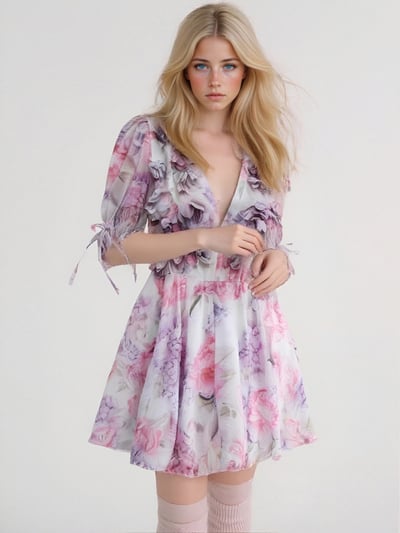 Fashionable and refreshing chiffon V-neck floral short dress