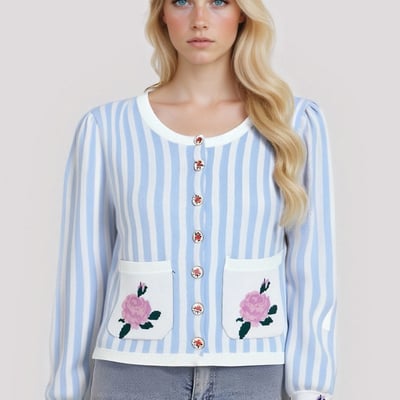 Casual striped floral pocket round neck long-sleeved sweater