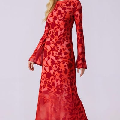 Retro rose print elegant slim-fit bell sleeve dress