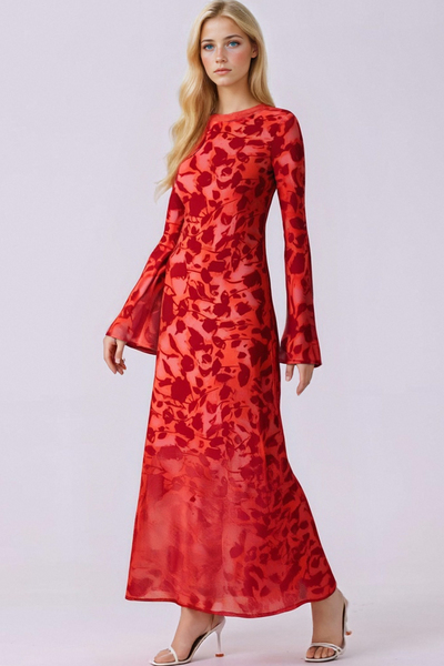 Retro Rose Print Elegant Slim-Fit Bell Sleeve Dress