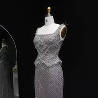 Luxury Dubai Gray Staight Evening Dress with Straps Arabic - Thumbnail 2
