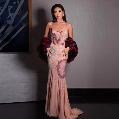 Luxury Pink Floral Beaded Evening Dress with Burgundy Shawl 