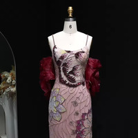 Luxury Pink Floral Beaded Evening Dress with Burgundy Shawl  - Thumbnail 1