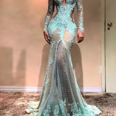 Lace mermaid prom dresses: high neckline evening gown | illusion cutaway side formal dress - Thumbnail 1