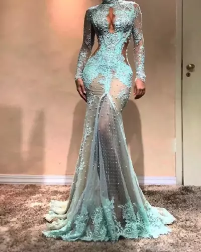 Lace Mermaid Prom Dresses: High Neckline Evening Gown | Illusion Cutaway Side Formal Dress
