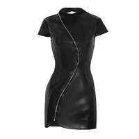 Solid color casual zipper short sleeve open back PU leather short dress - Thumbnail 2