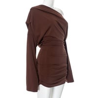 Sexy mature solid color long-sleeved off-shoulder loose short dress - Thumbnail 5