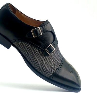 Crafted leather classic black leather and tweed contrast double monk strap dress shoes