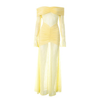 Lace-Paneled One-Shoulder Slit Long-Sleeved Dress - Thumbnail 1