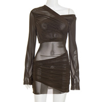 Elegant off-shoulder mesh pleated mini dress - Thumbnail 6