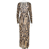 Colorblock Print Fashion Dress Slim-fitting See-through Long-sleeved Hip-wrapped Maxi Dress - Thumbnail 1