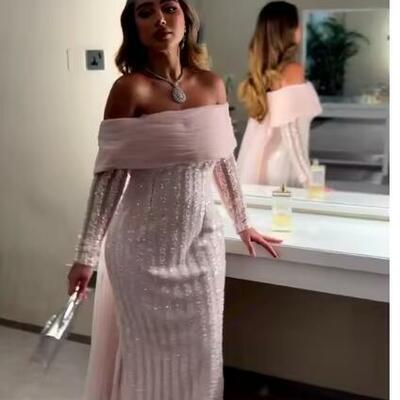 Customized elegant bateall mermaid sweep/brush evening dresses sequin net/tulle formal occasion gown  - Thumbnail 2