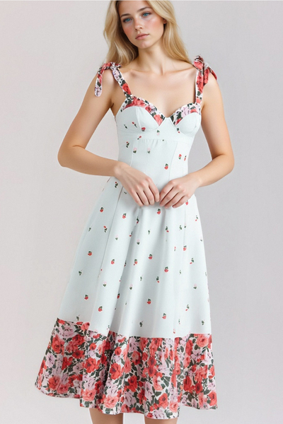 White floral contrast bow tie sundress waist dress