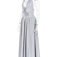 Sexy Deep V Blue Striped Halter Neck Backless Dress Women's Waisted Mid-Length Dress - Thumbnail 1