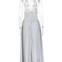 Sexy Deep V Blue Striped Halter Neck Backless Dress Women's Waisted Mid-Length Dress - Thumbnail 3