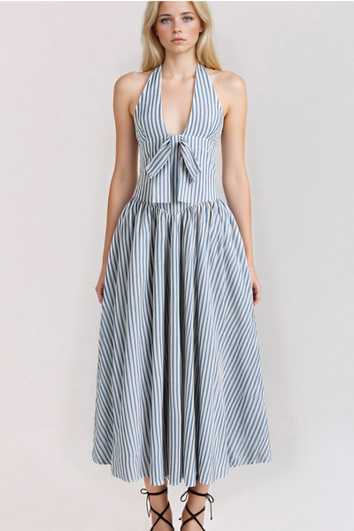 Sexy Deep V Blue Striped Halter Neck Backless Dress Women's Waisted Mid-Length Dress