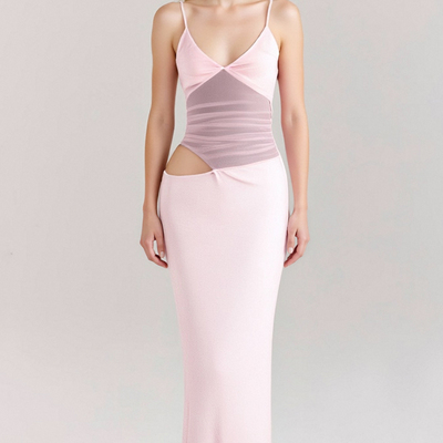 Sexy mesh hollow suspender dress slim fit backpack hip slit high-end dress long skirt