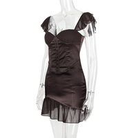 Satin Chiffon Spliced ​​Suspender Dress Square Neck One Shoulder Slim Short Skirt French Dress - Thumbnail 5