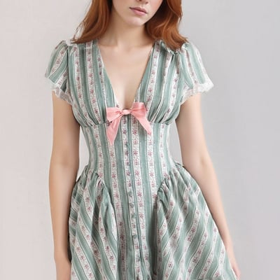 Sweet and romantic floral bow-decorated striped lace v-neck mini dress