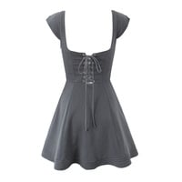 Gray French waist mini puffy skirt with back tie waist tube top dress - Thumbnail 1
