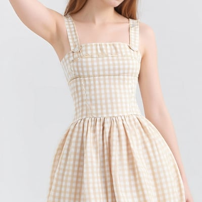Sweet beige plaid short suspender a-line dress