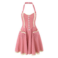 First Love Sweet Red Plaid Heart Pocket Halter Neck Open Back Waist Mini Dress - Thumbnail 2