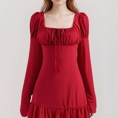 Niche design waist square neck tie long sleeve dress