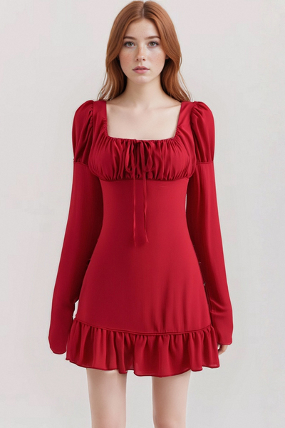 Niche design waist square neck tie long sleeve dress