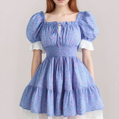 Retro floral square neck sexy lace splicing elastic waist tutu dress