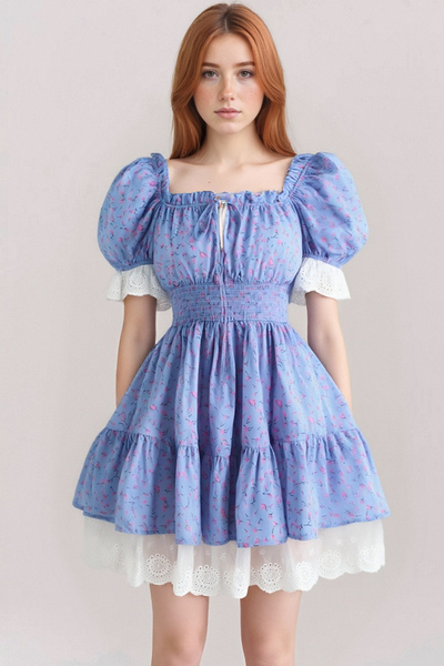Retro Floral Square Neck Sexy Lace Splicing Elastic Waist Tutu Dress