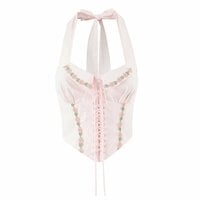 Pink exquisite embroidered sexy halter neck strap waist suspender short sleeveless top - Thumbnail 1