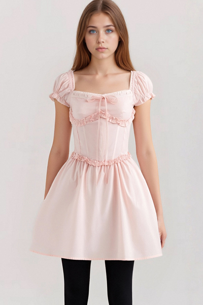 Sexy ruffled square neck bow puff sleeve dress with waist and back straps for girls