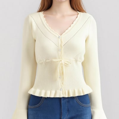 Ruffled v-neck layered ruffled knitted cardigan