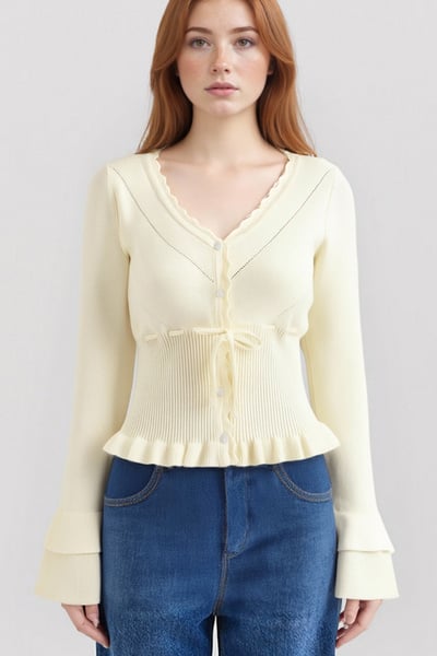 Ruffled V-neck layered ruffled knitted cardigan