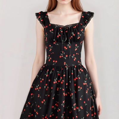 Retro hepburn style fashionable sexy lace suspenders fruit print waist dress