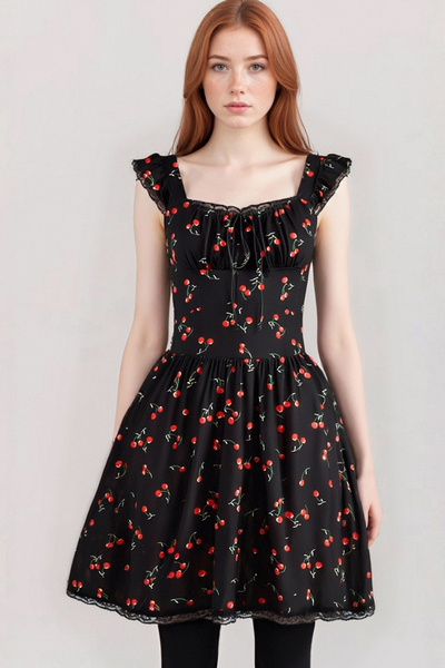 Retro Hepburn style fashionable sexy lace suspenders fruit print waist dress