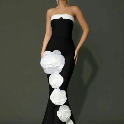 Black and white mermaid 3d handmade flowers prom dress evening formal  gown - Thumbnail 3