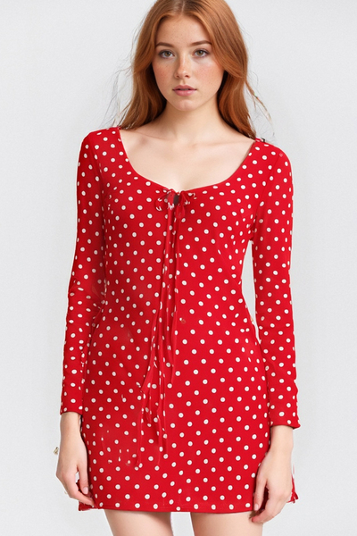 Sexy Square Neck Strap Red Polka Dot Long Sleeve Casual Miniskirt Dress